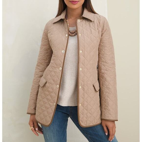 Talbots Tan Brown Leather Trim Quilted Trench Jacket - Picture 1 of 6